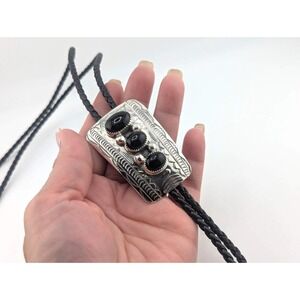 Bolo Tie Black Jet‎ Sterling Silver Western Cowboy Style Native Am Jewelry**